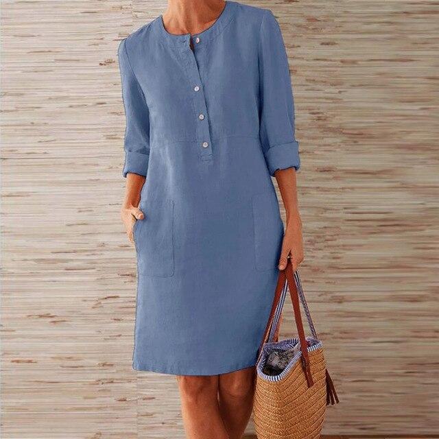 Round Neck Button Placket Patch Pocket Rolled Cuff Shift Dress - View 7