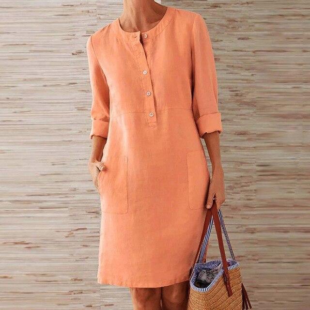 Round Neck Button Placket Patch Pocket Rolled Cuff Shift Dress