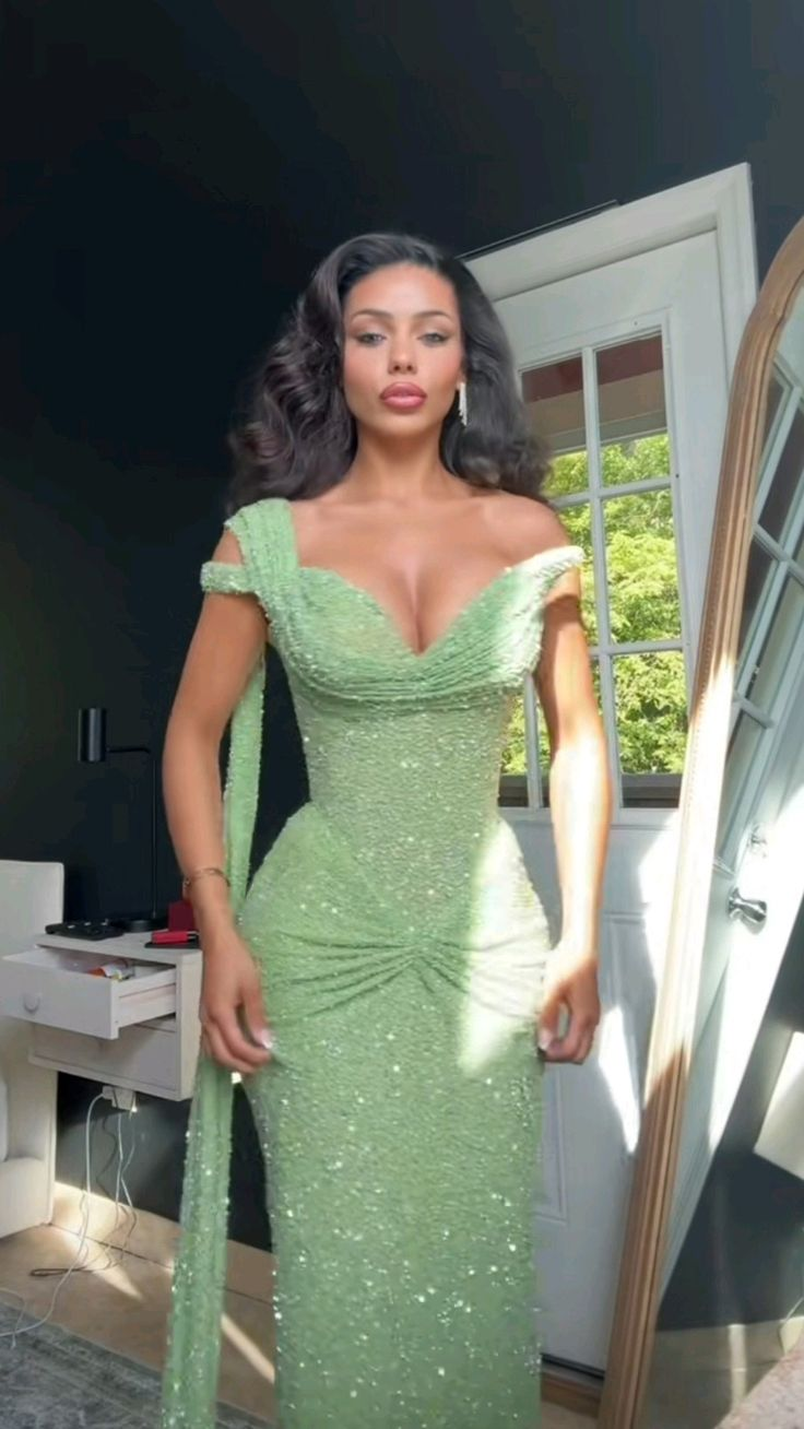 Glitter Mint Green Sequin One Shoulder Mermaid Prom Dress Side Slit Long Party Dress D914