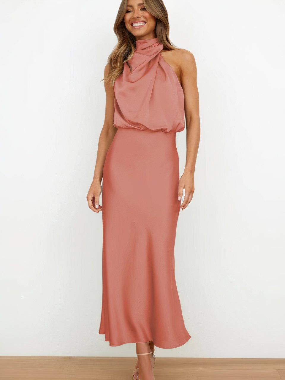 Halter Neck Draped Sleeveless Satin Midi Cocktail Dress - View 4