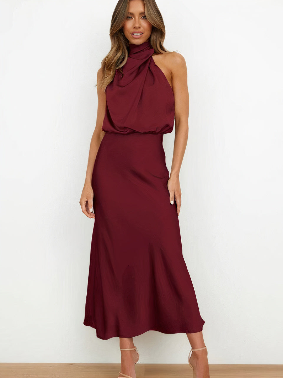Halter Neck Draped Sleeveless Satin Midi Cocktail Dress - View 6