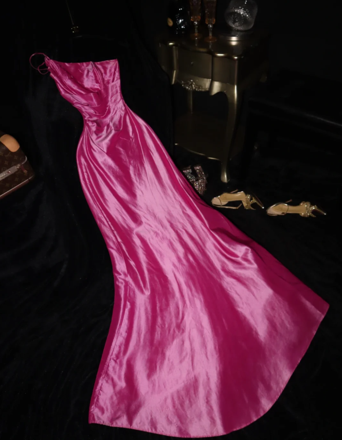 Stylish One Shoulder Hot Pink Satin Mermaid Evening Dress Birthday Outfits D1429