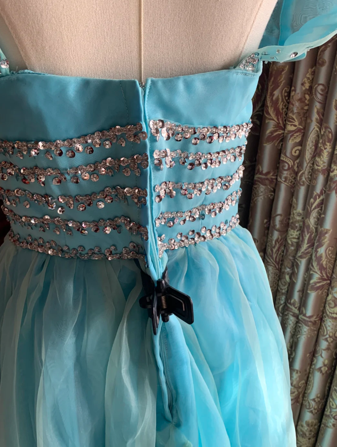 Cute Off The Shoulder Blue Tulle Beaded A Line Princess Party Dress Long Evening Gown D1714
