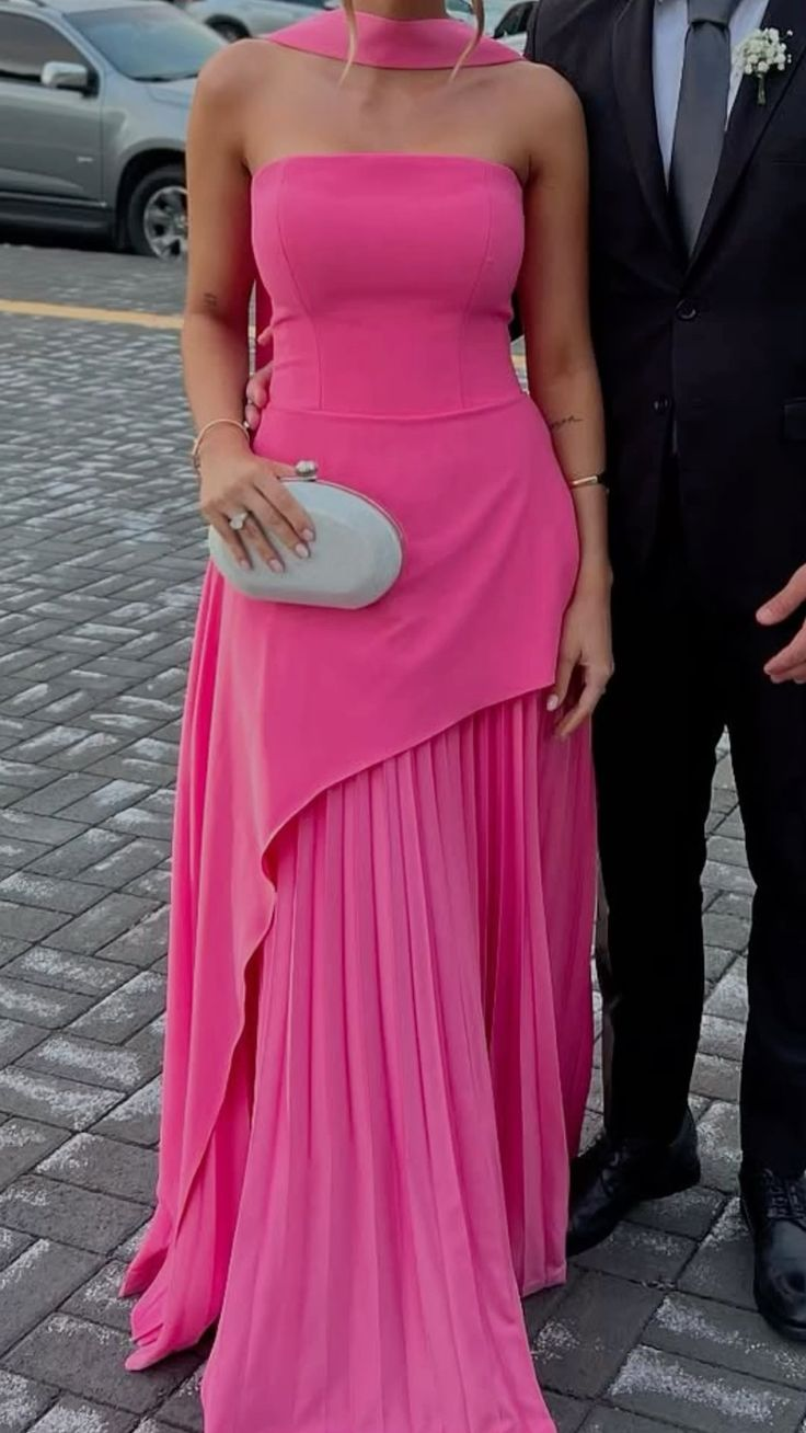 Trendy Pink Strapless Satin Pleated Long Party Dress Prom Gown With Scarf D1154