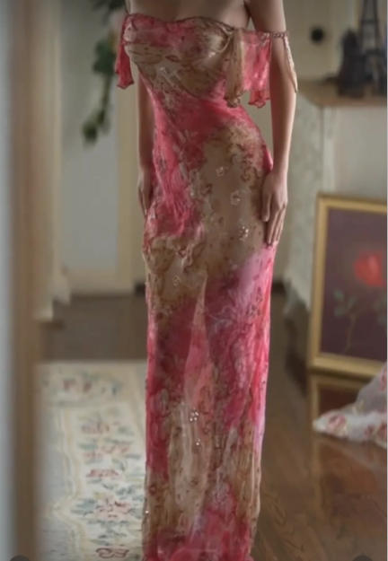 Pretty Spaghetti Straps Red Chiffon Printed Floral Beaded Mermaid Evening Dress Long Prom Gown D865