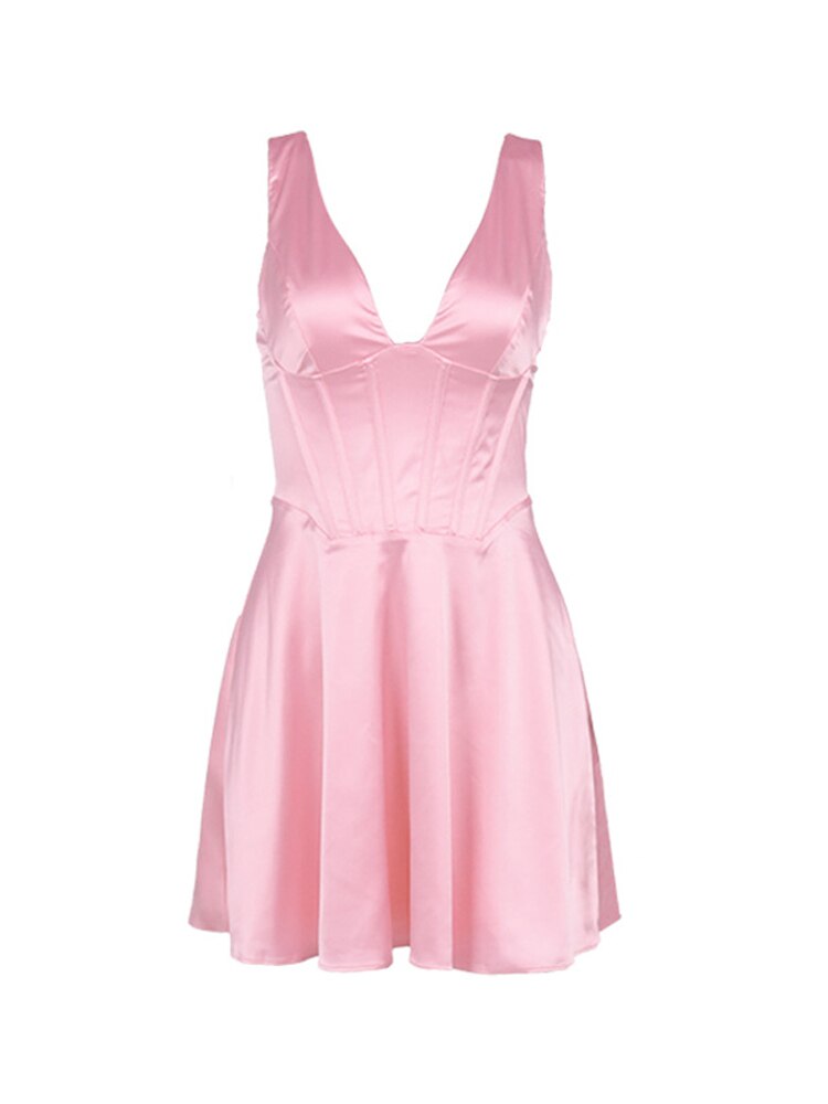 Satin Deep V-Neck Fit & Flare Mini Dress