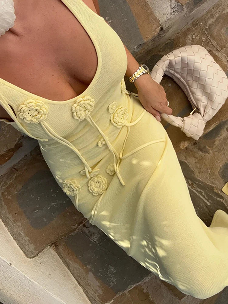 Knit 3D Flowers Vacation Dress