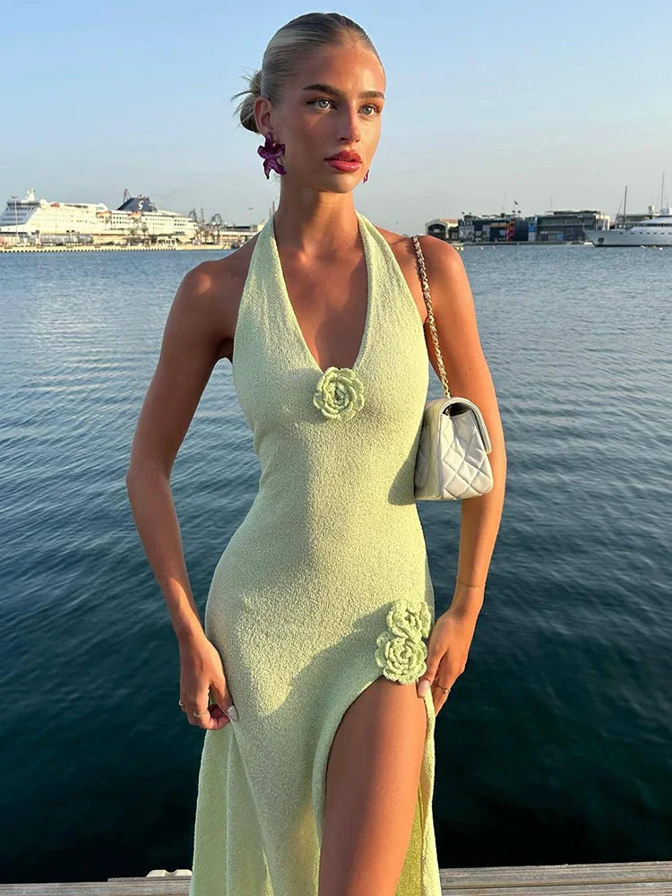 High Slit 3D Flowers Halter Vacation Dress