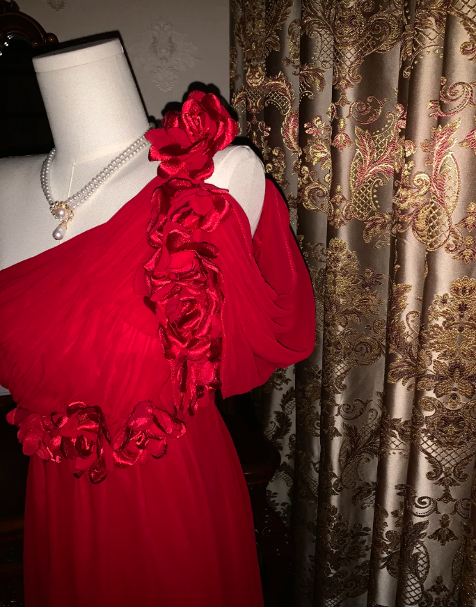 Elegant One Shoulder Red Chiffon Long Wedding Guest Dress Formal Birthday Prom Dress Evening Dress With Flowers D1780