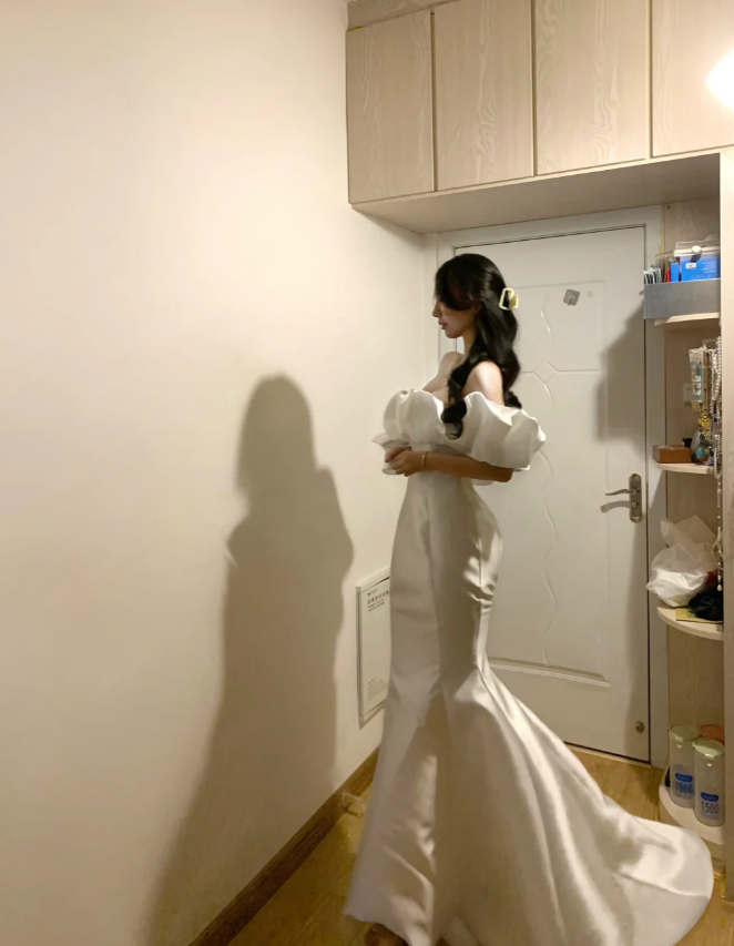 Elegant Off The Shoulder White Satin Mermaid Party Gown Long Wedding Guest Dress D846