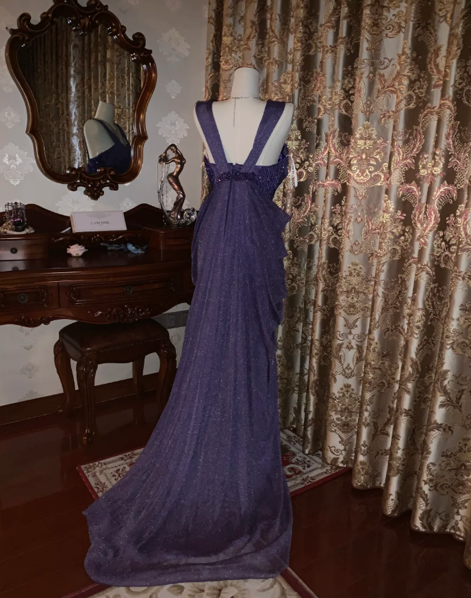Sparkly Purple Tulle Sequin Beaded Pleated Mermaid Evening Dress Long Birthday Prom Gown D1750