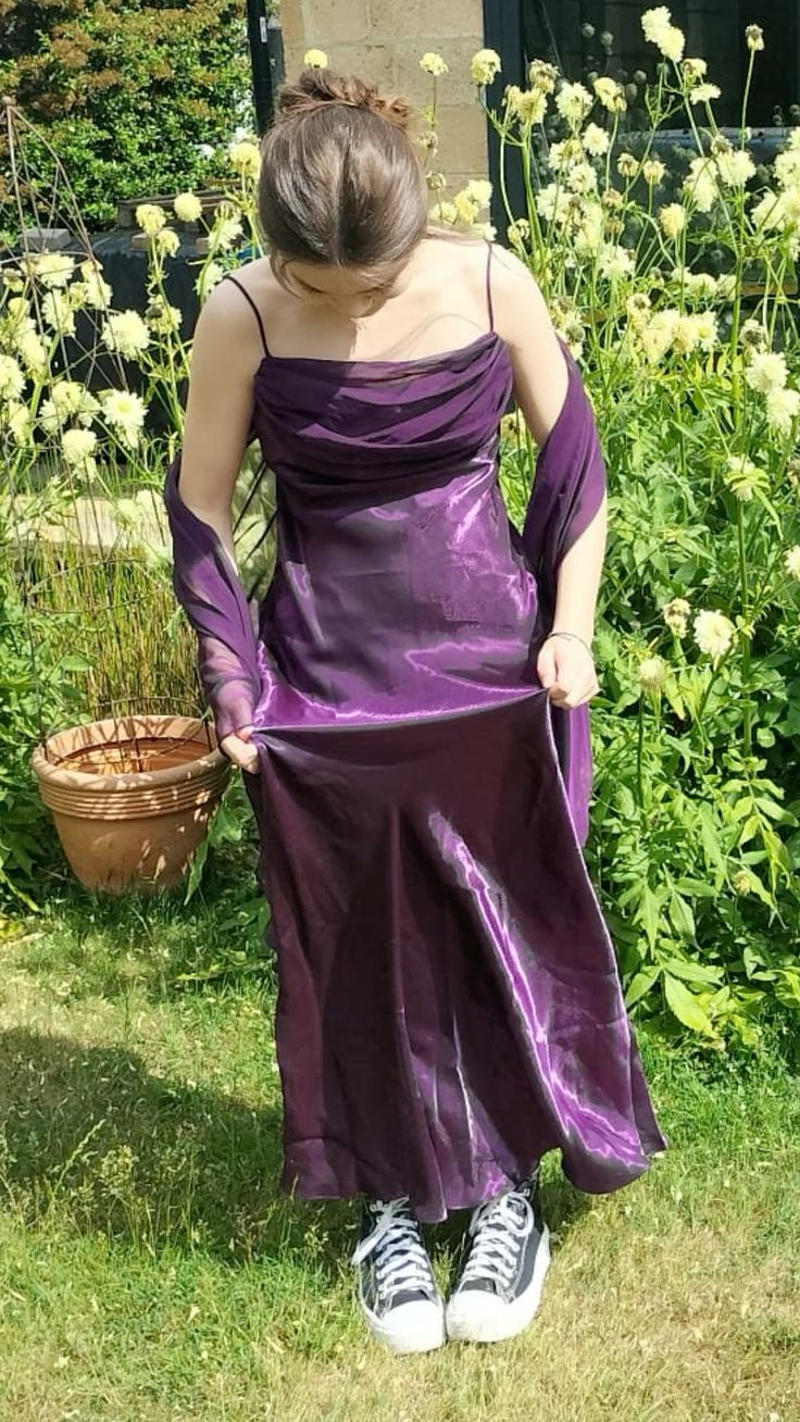 Fashion Spaghetti Strap Purple Satin A Line Long Wedding Guest Dress Party Dress D1508
