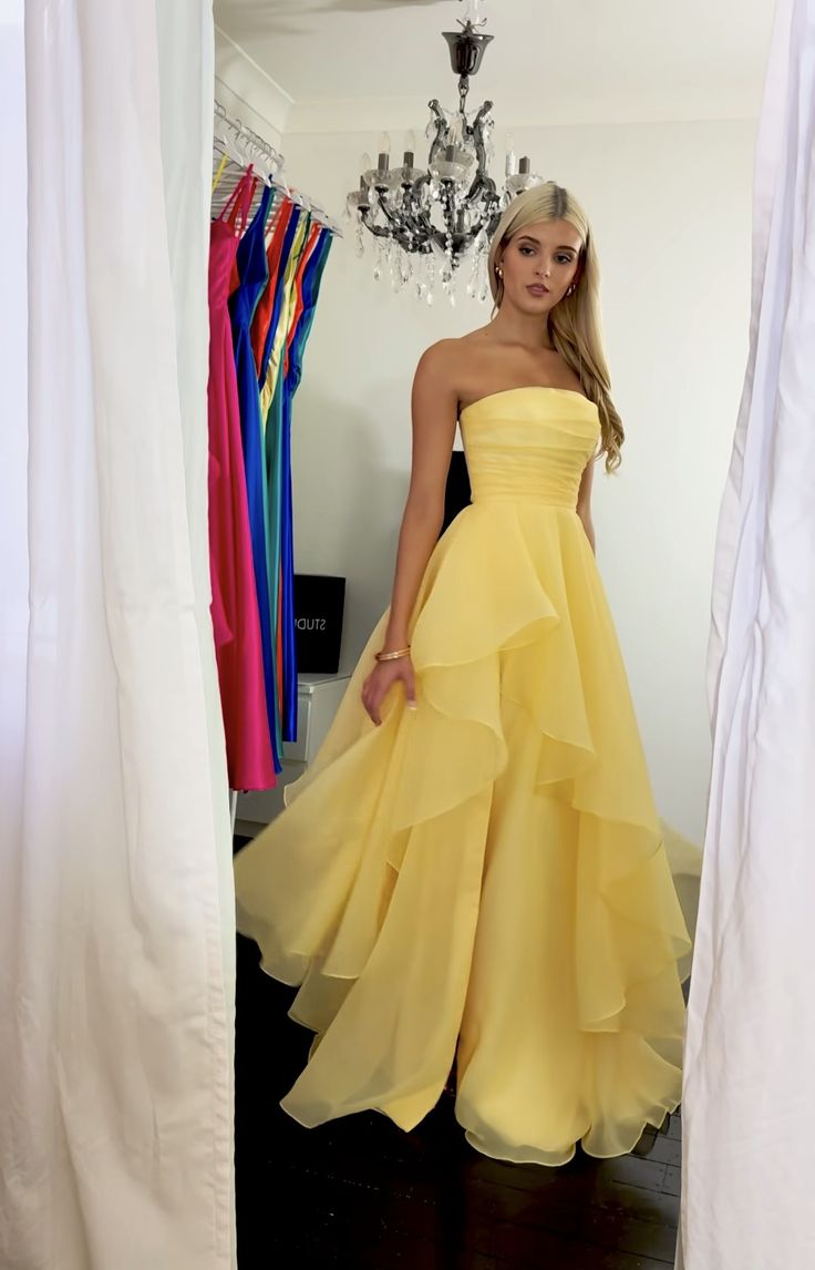 Classy Strapless Yellow Satin Tulle Slit Long Prom Dress Formal Birthday Party Dress D1141