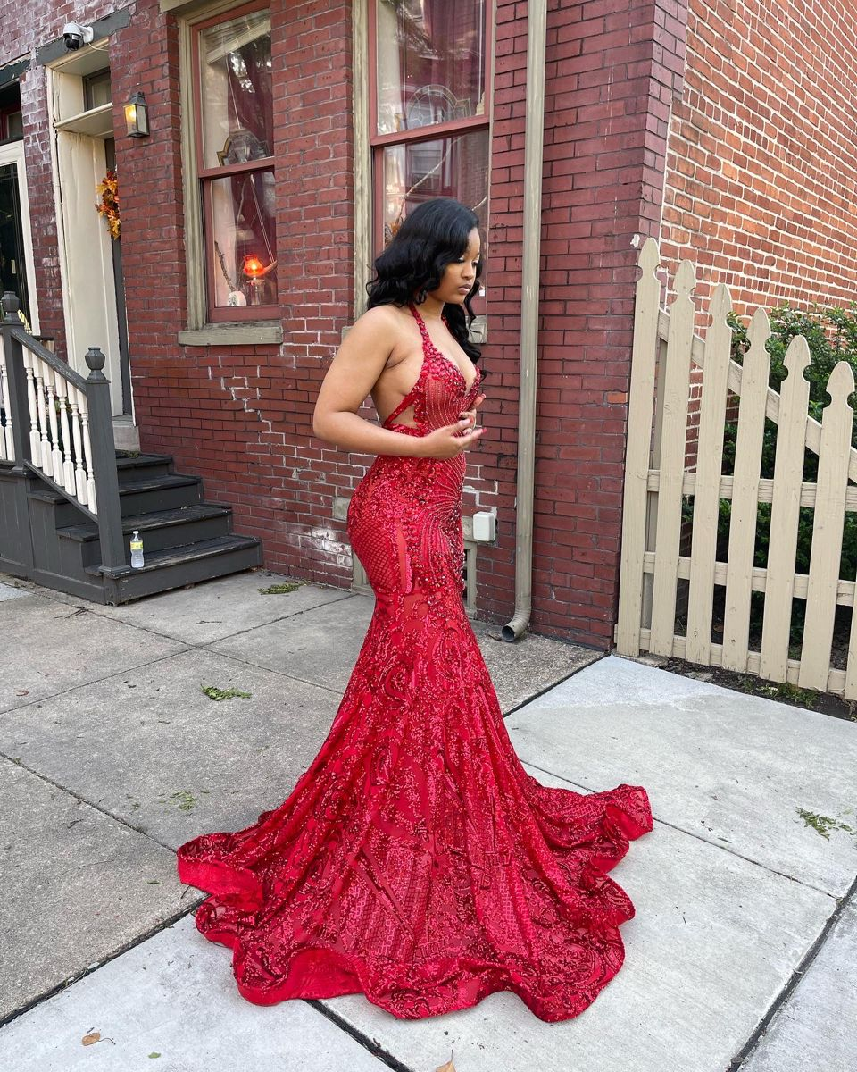 Sexy Red Halter Satin Sequin Beaded Mermaid Evening Dress Long Party Dress D1345