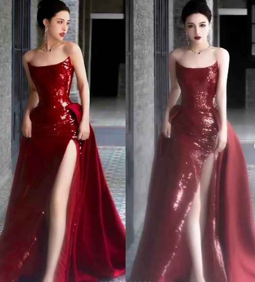 Classy Sheath Strapless Burgundy Sleeveless Long Party Dress Sequin Prom Dresses SD1460