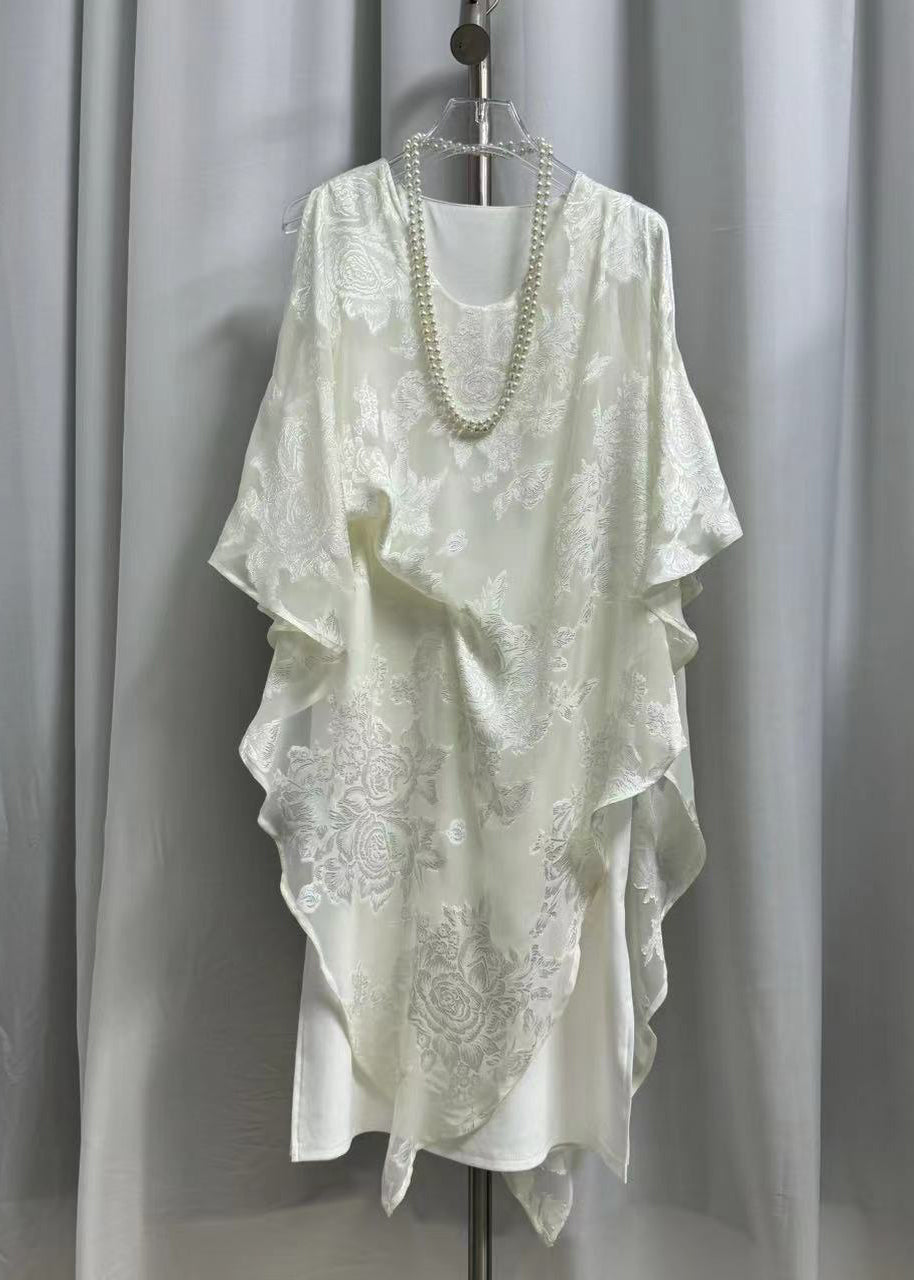Floral Jacquard Sheer Cape Overlay Handkerchief Hem Midi Dress - View 2