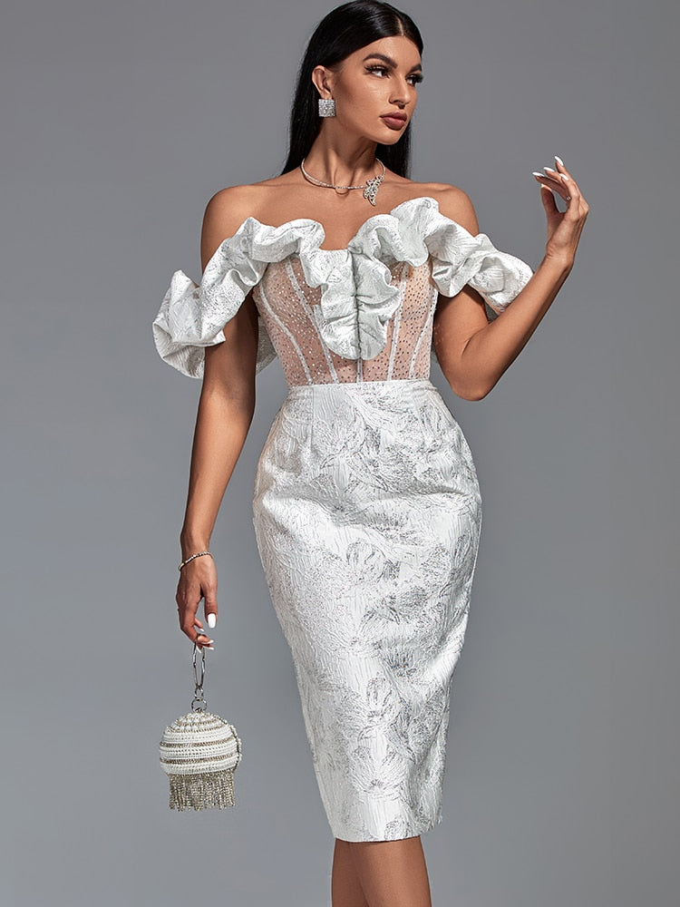 Ruffle Off Shoulder Corset Sheer Mesh Midi Dress