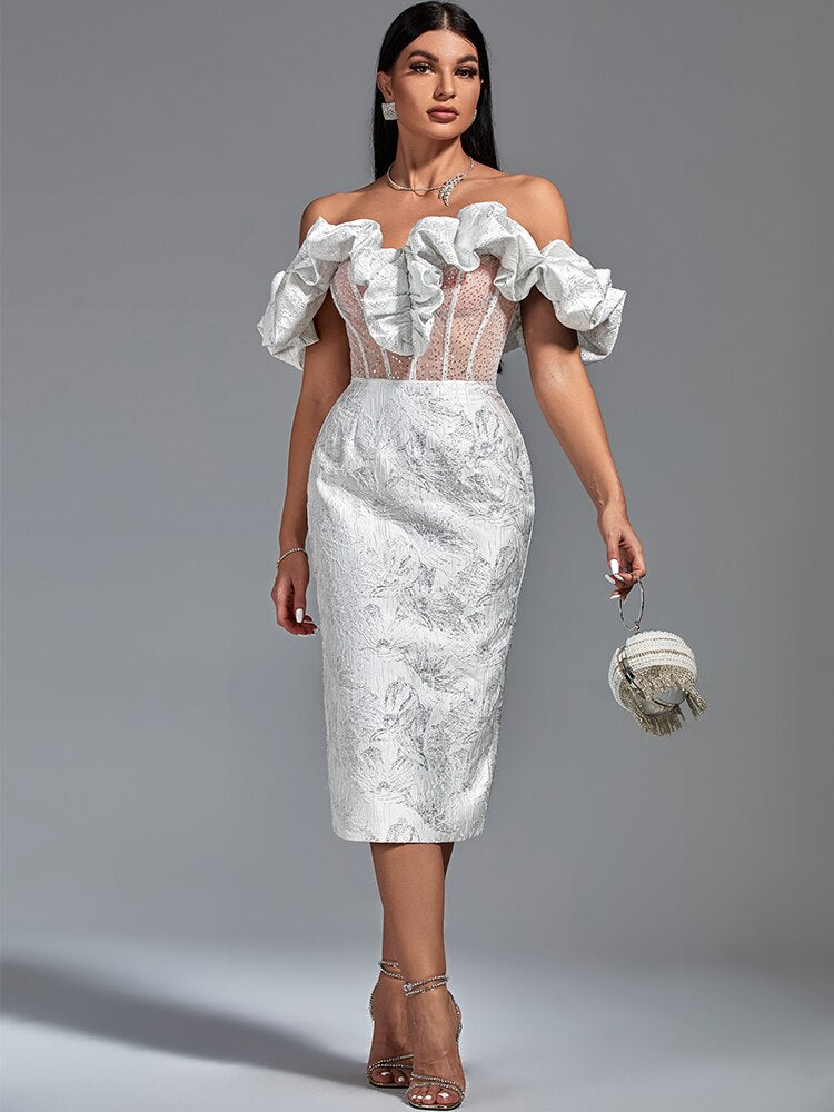 Ruffle Off Shoulder Corset Sheer Mesh Midi Dress 3