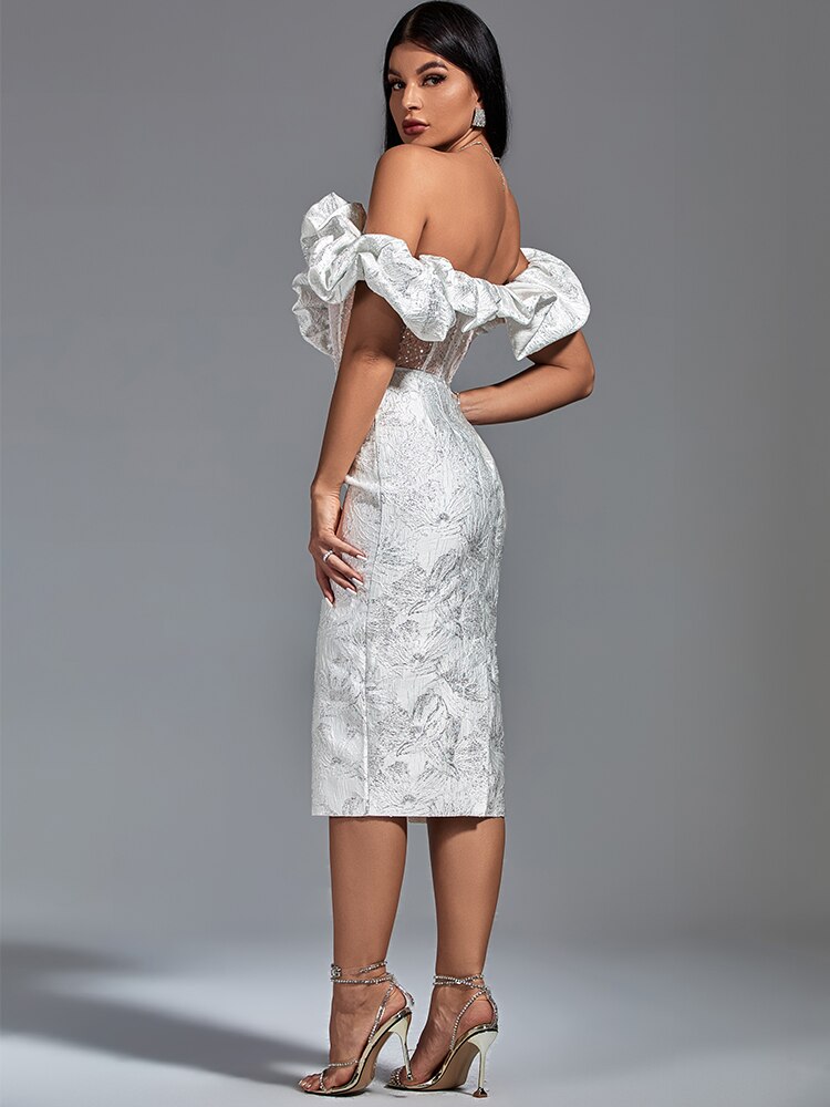 Ruffle Off Shoulder Corset Sheer Mesh Midi Dress 6