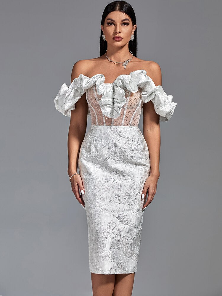 Ruffle Off Shoulder Corset Sheer Mesh Midi Dress 2