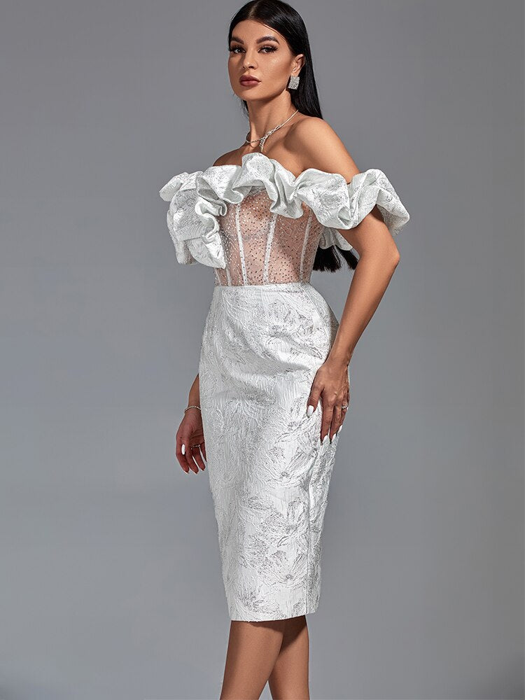 Ruffle Off Shoulder Corset Sheer Mesh Midi Dress 5