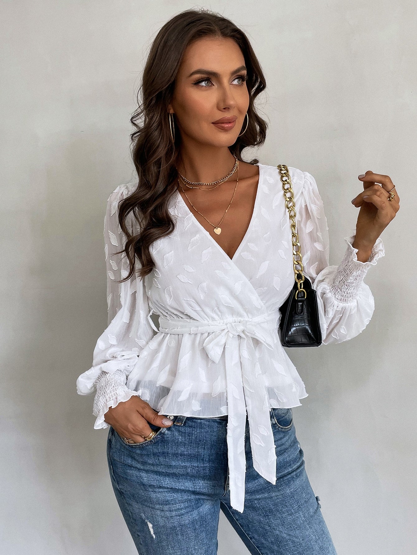 Jacquard Lantern Sleeve Shirred Cuff Belted Blouse - Fashionpara