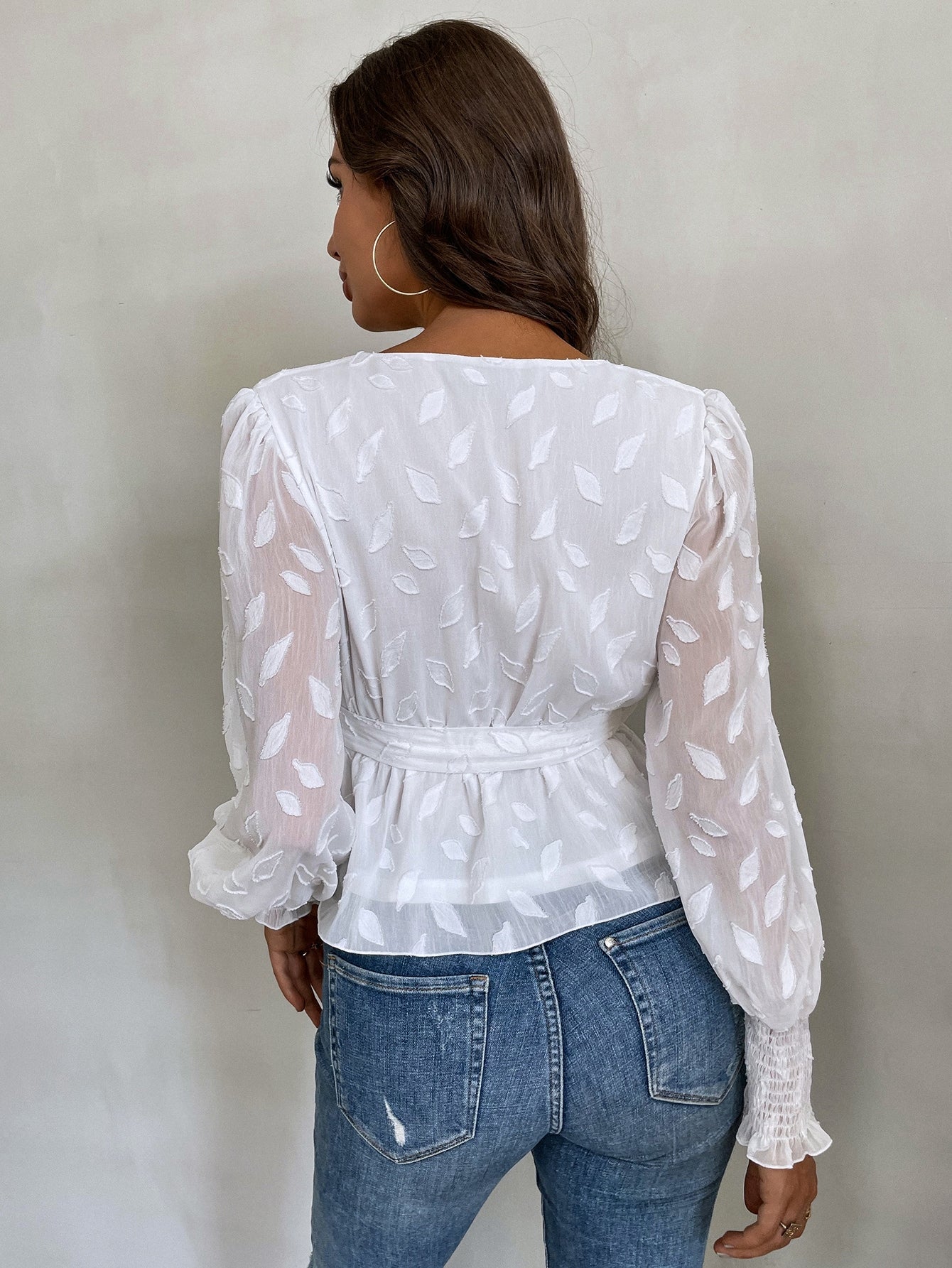 Jacquard Lantern Sleeve Shirred Cuff Belted Blouse - Fashionpara