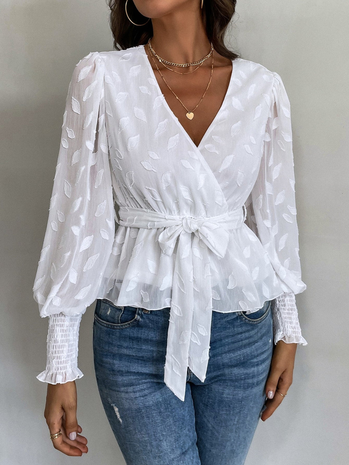 KittenAlarm - Jacquard Lantern Sleeve Shirred Cuff Belted Blouse