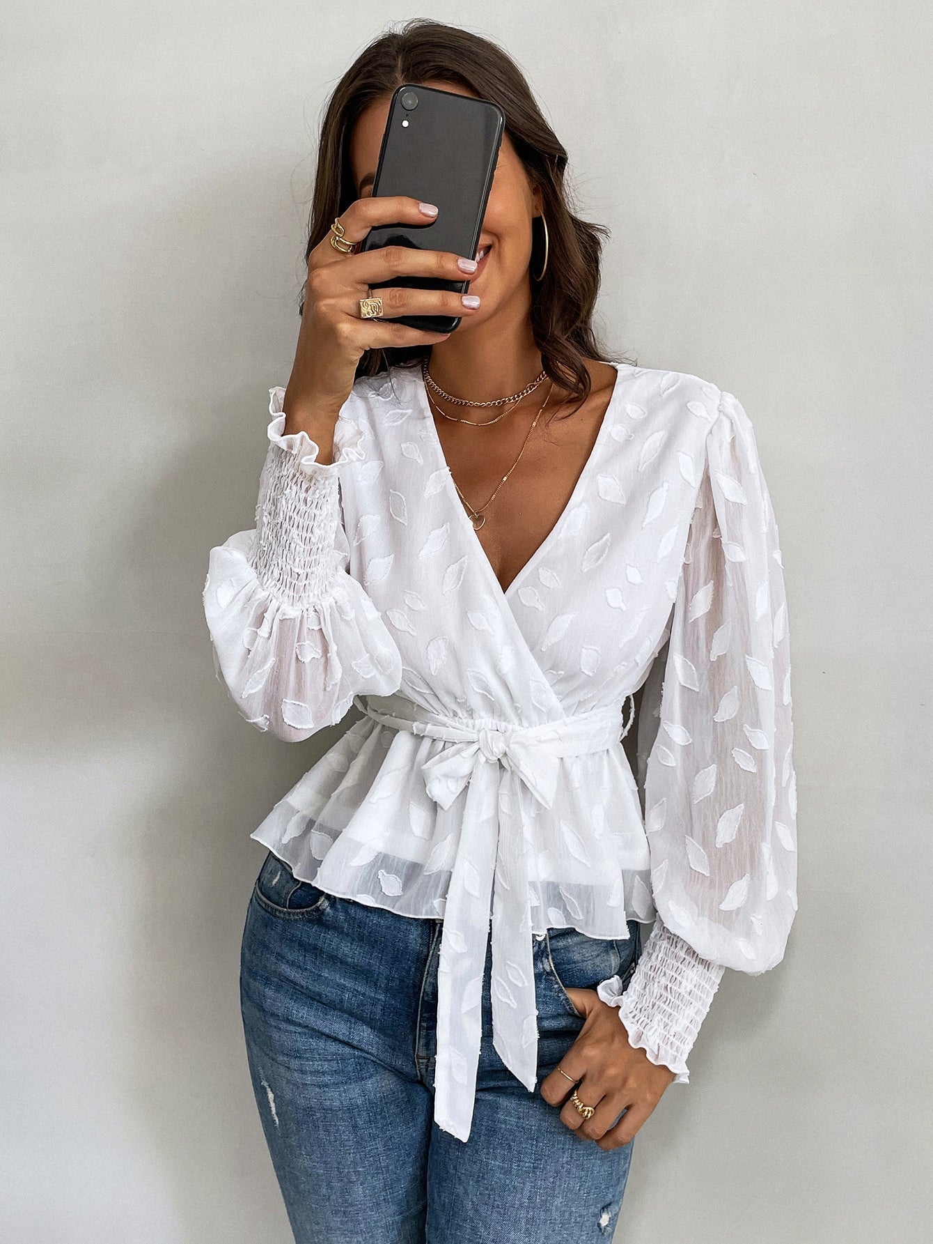 Jacquard Lantern Sleeve Shirred Cuff Belted Blouse - Fashionpara