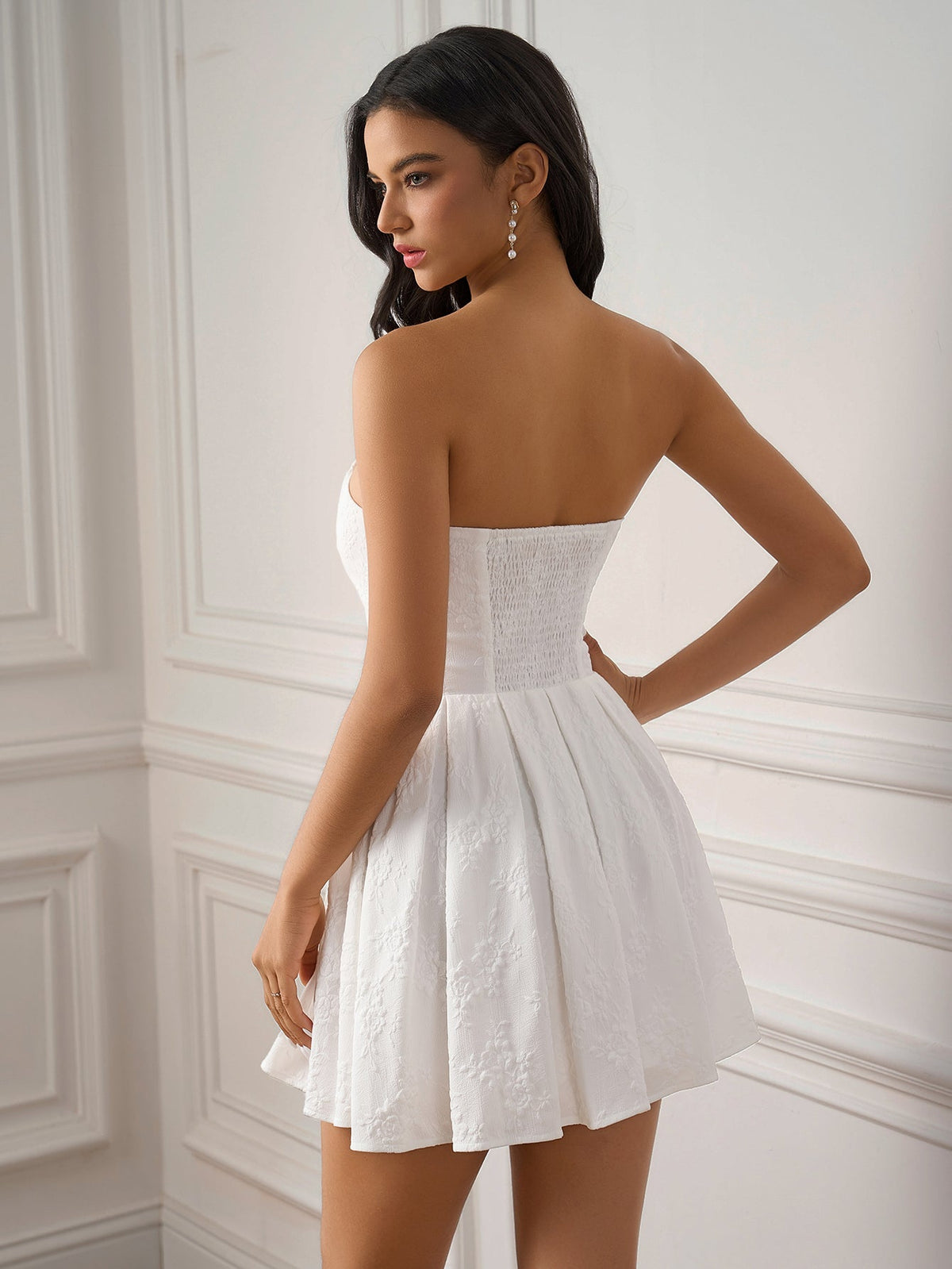 Jacquard Strapless Bustier Pleated Flared A-Line Mini Dress - View 2