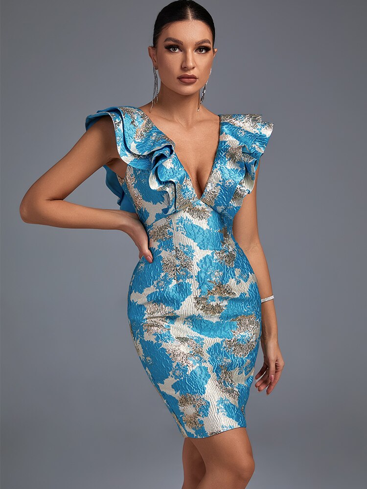Jacquard Floral V-Neck Ruffle Bodycon Midi Dress