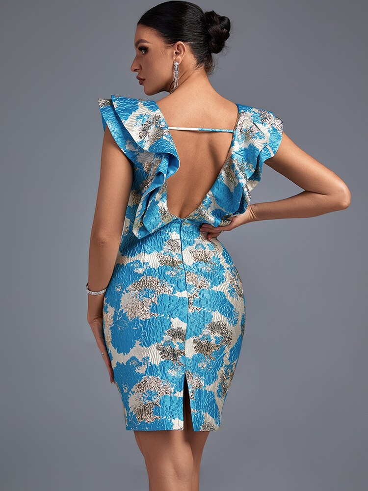 Jacquard Floral V-Neck Ruffle Bodycon Midi Dress 5