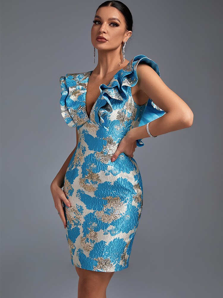 Jacquard Floral V-Neck Ruffle Bodycon Midi Dress 3