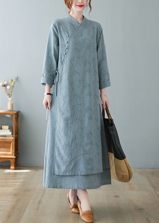 Jacquard Mandarin Collar Frog Button Long Sleeve Maxi Dress
