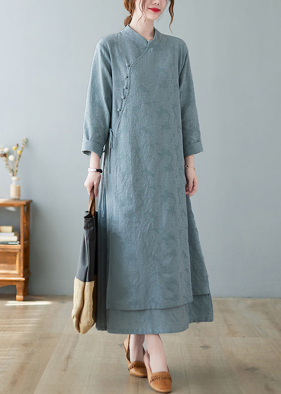 Jacquard Mandarin Collar Frog Button Long Sleeve Maxi Dress - View 2
