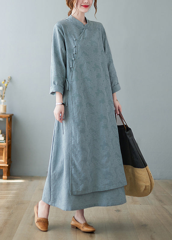 Jacquard Mandarin Collar Frog Button Long Sleeve Maxi Dress - View 3
