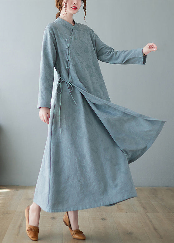 Jacquard Mandarin Collar Frog Button Long Sleeve Maxi Dress - View 4