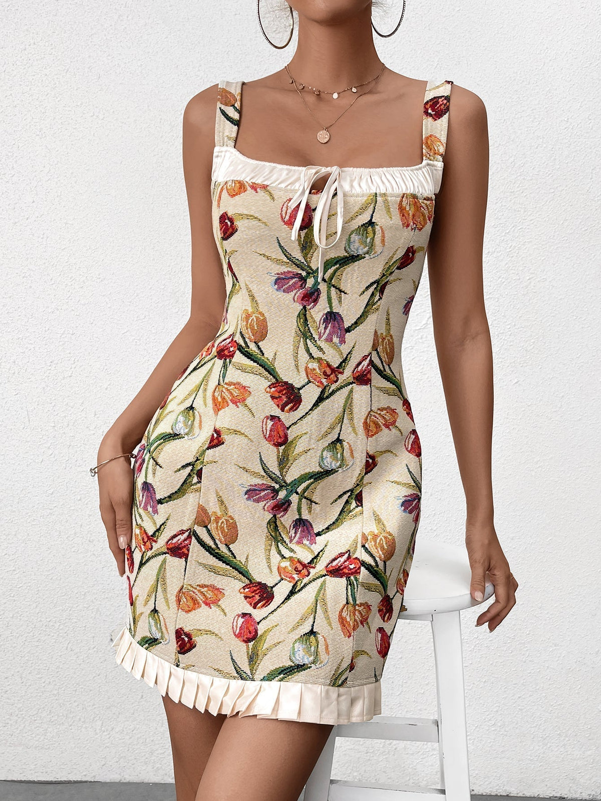 Floral Jacquard Square Neck Tie Front Ruffle Hem Bodycon Mini Dress