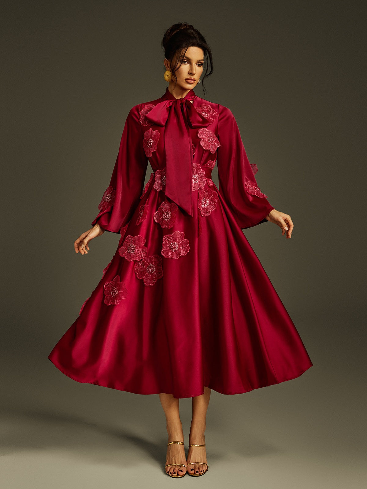 Tie Up Flower Satin Maxi Dress In Wine