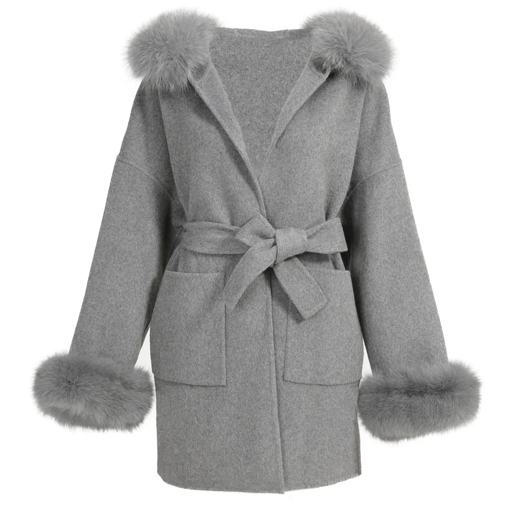 Wool Fox Fur Hooded Winter Overcoat