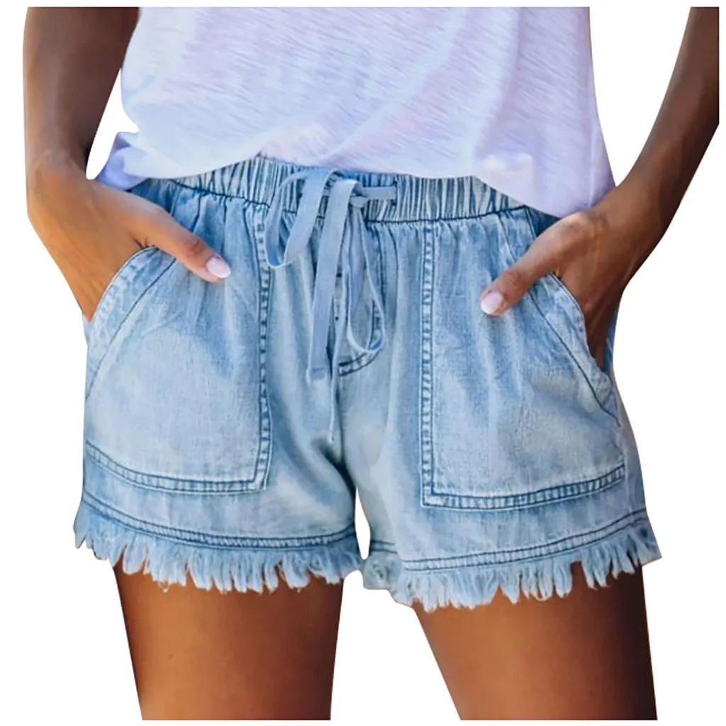 Drawstring Tassel Hem Denim Short