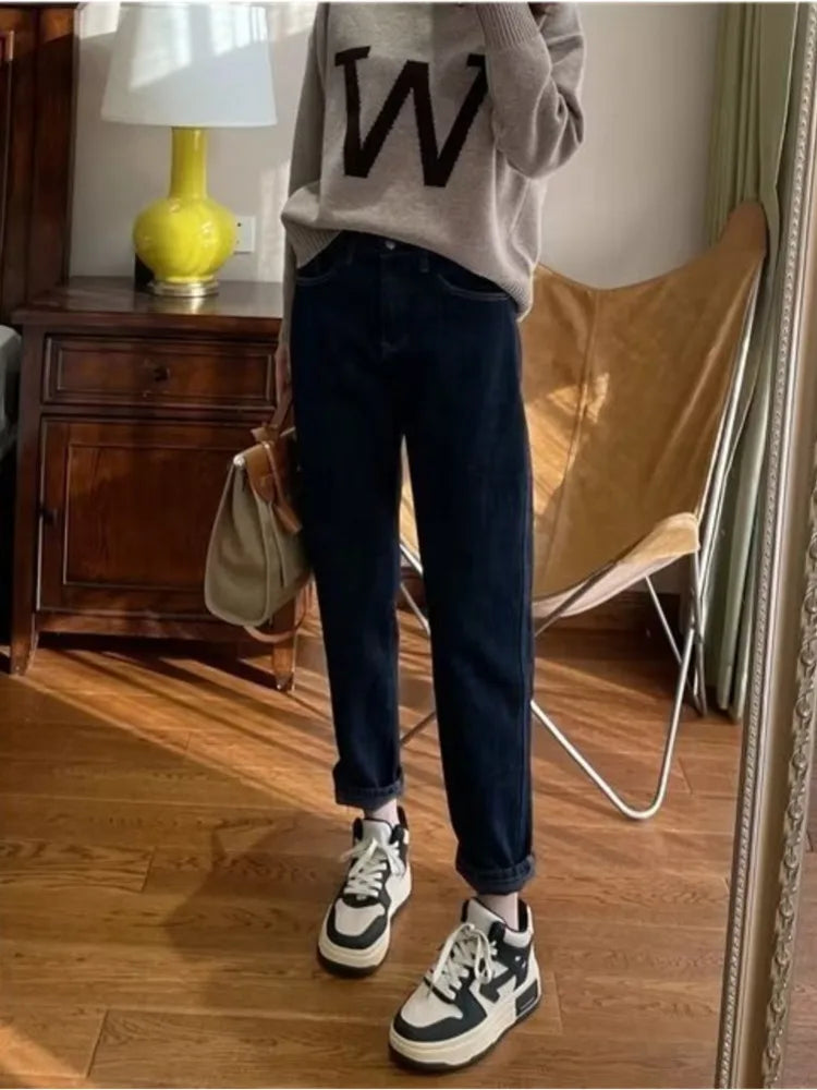 Plush Loose High-Waisted Slim Straight New Autumn Leg Fashion Jean