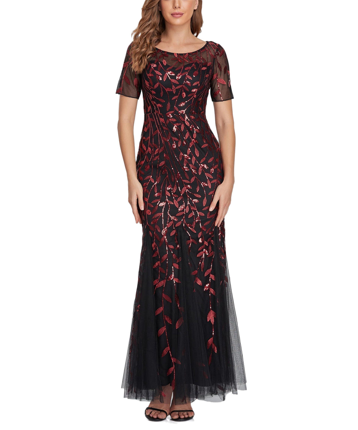 Jewel Neck Short Sleeve Floor Length Tulle Dress - View 3