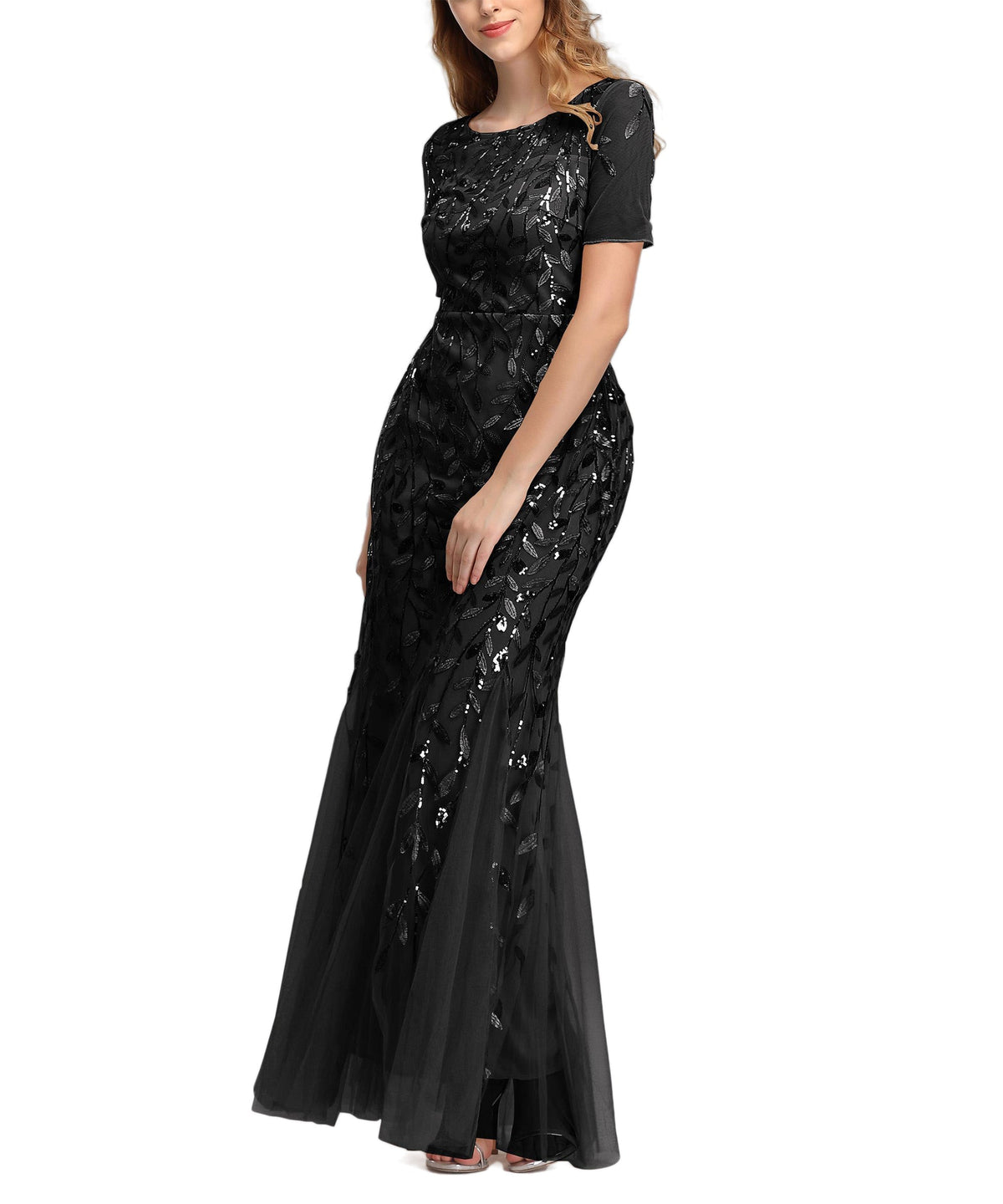 Jewel Neck Short Sleeve Floor Length Tulle Dress - View 10