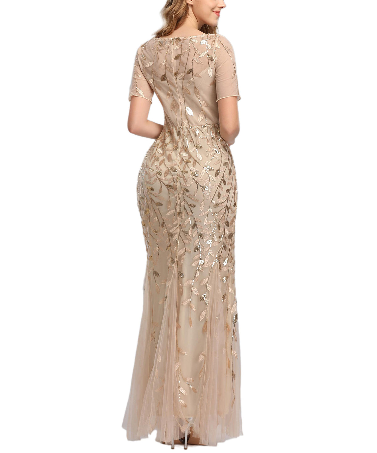 Jewel Neck Short Sleeve Floor Length Tulle Dress - View 9