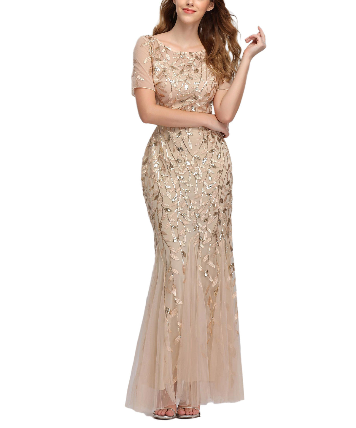 Jewel Neck Short Sleeve Floor Length Tulle Dress - View 6