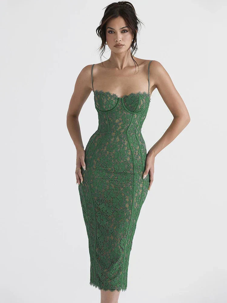 Lace Spaghetti Strap Sweetheart Bustier Bodycon Midi Dress
