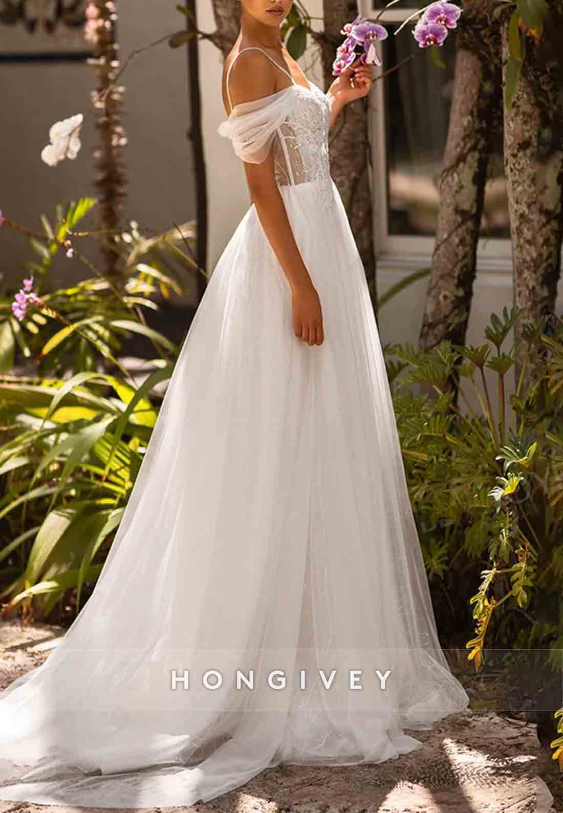 A-Line Pleated Spaghetti Straps Beading Sweep Train Empire Wedding Dresses