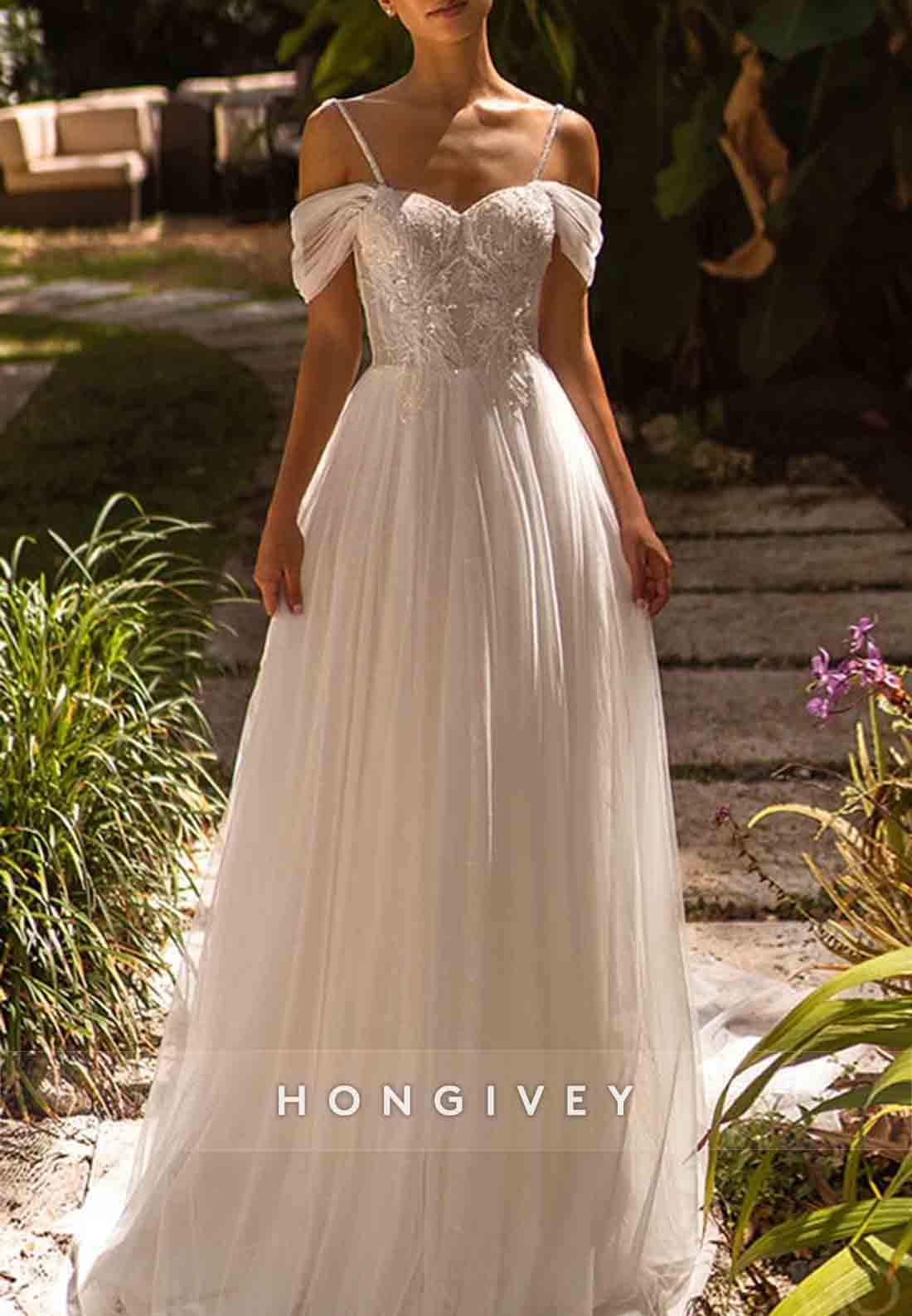 A-Line Pleated Spaghetti Straps Beading Sweep Train Empire Wedding Dresses