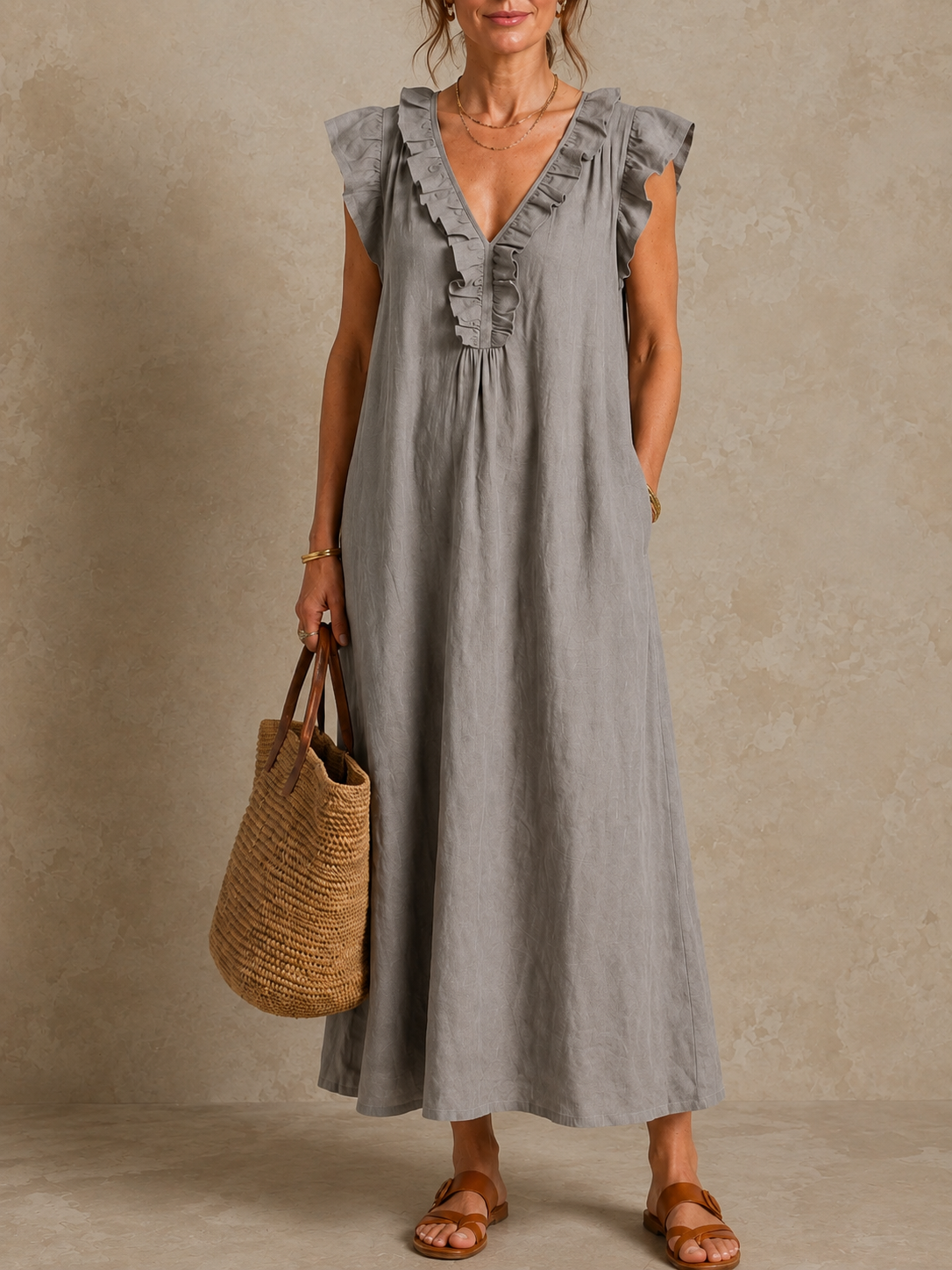 Ruffle V-Neck Sleeveless Linen Look Maxi Dress 2